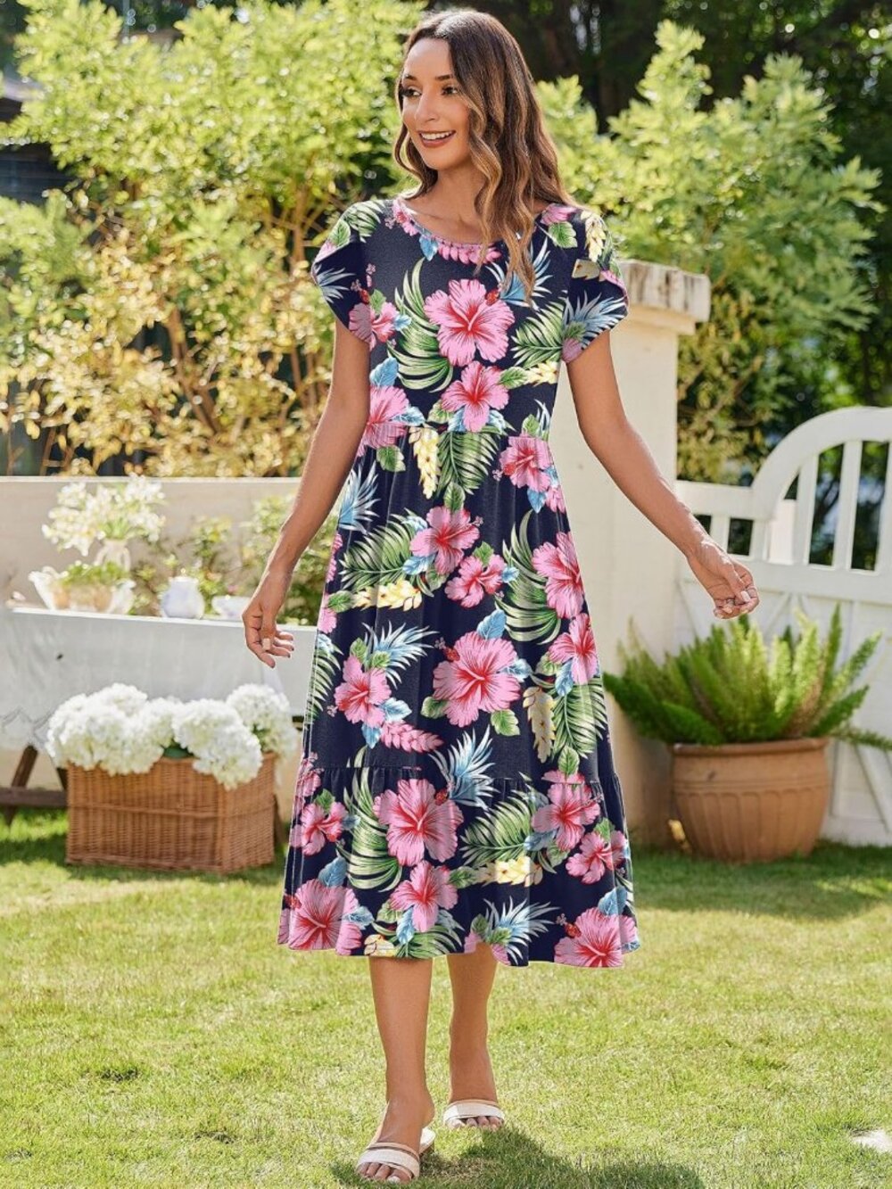 Summer Midi A-Line Dress for Women | Casual Flowy Tiered Sundress with Pockets - Picture 5 of 7